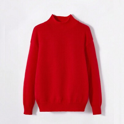 Simple Red Sweater, Essential Women's Base Layer, Fashionable Turtleneck Long Sleeve, Comfortable Blended Fabric, Euro-American Cross-Border E-Commerc | SHEIN