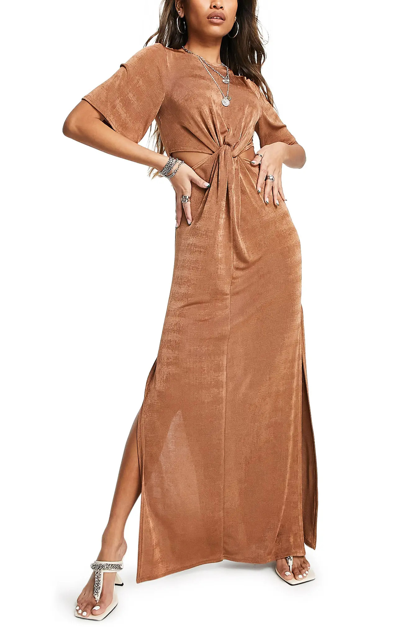 Topshop Cutout Maxi Dress in Brown at Nordstrom, Size 12 Us | Nordstrom