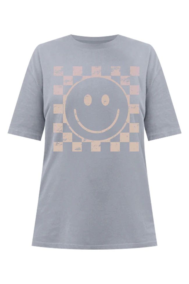 Cream Checkered Smiley Grey Oversized Graphic Tee | Pink Lily