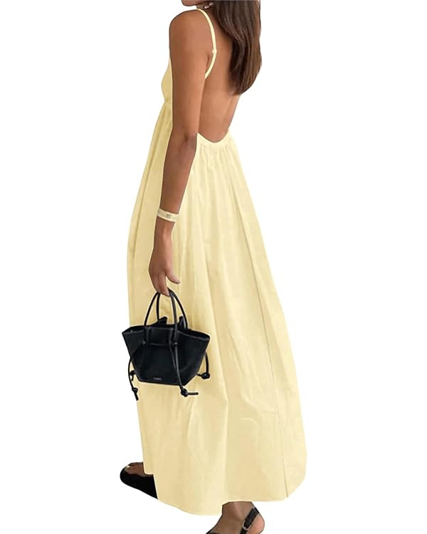 Women's Dress V Neck Backless Spaghetti Strap Maxi Dress for Women Flowy Boho Casual Sundress | Amazon (US)