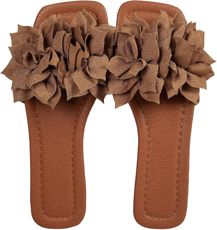 SweatyRocks Women's 3D Flower Square Toe Slide Sandals Boho Pu Leather Slip On Beach Flats | Amazon (US)