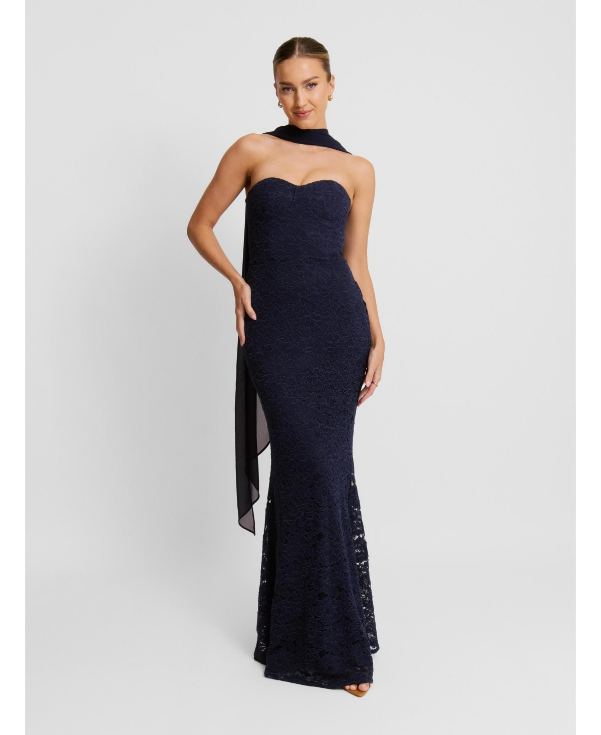 Six Stories Women's Lace Corset Maxi Dress With Neck Scarf - Navy | Macy's