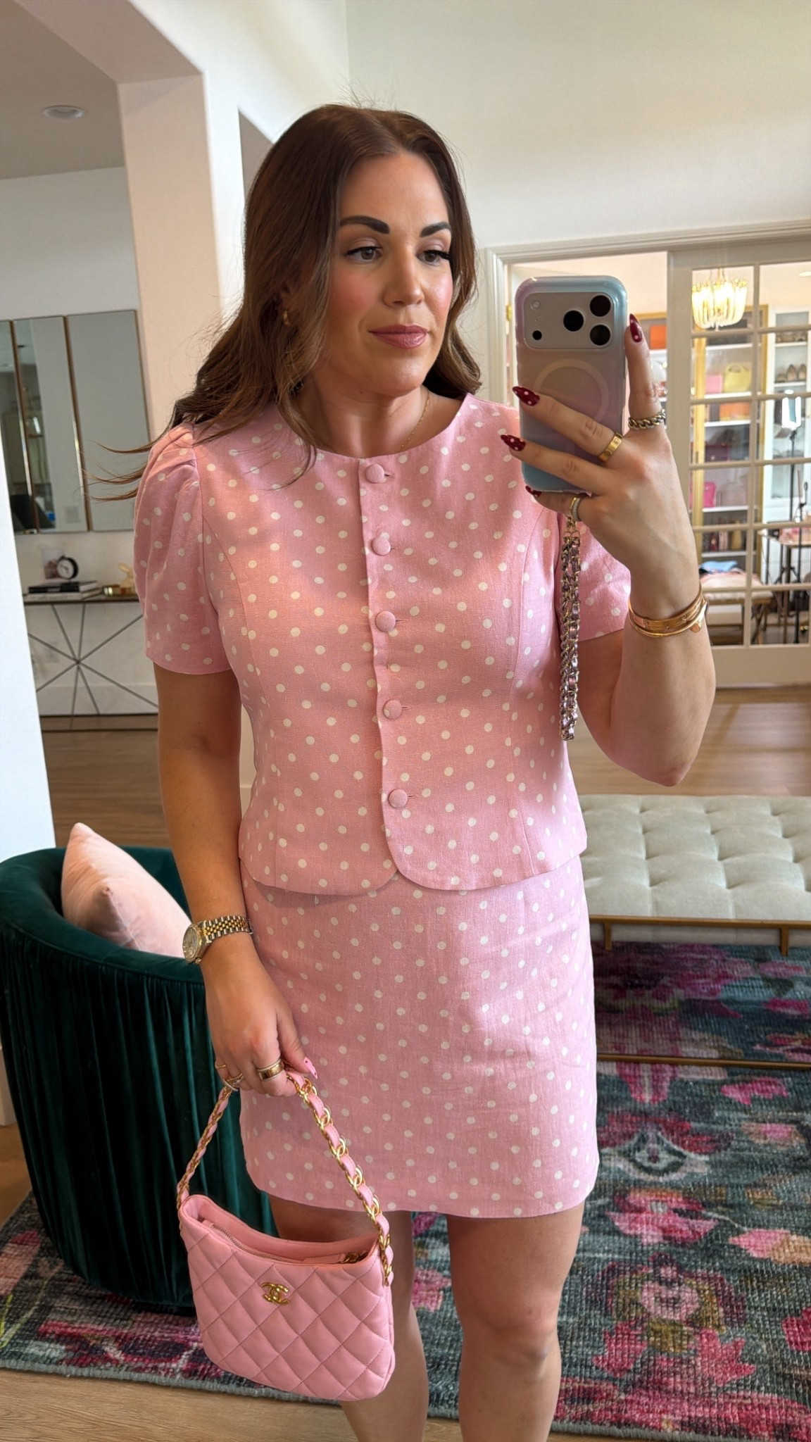 curvy midsize pink polka dot set for spring! in the large in top and skirt. sunglasses, bag, and ballet flats are Chanel! 

#LTKSeasonal #LTKMidsize
