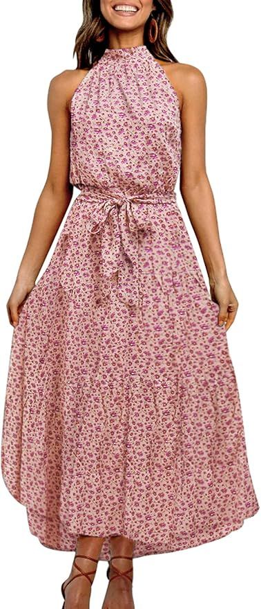 TEMOFON Women's Dresses Halter Neck Summer Boho Maxi Floral Print Backless Sleeveless Dress with ... | Amazon (US)