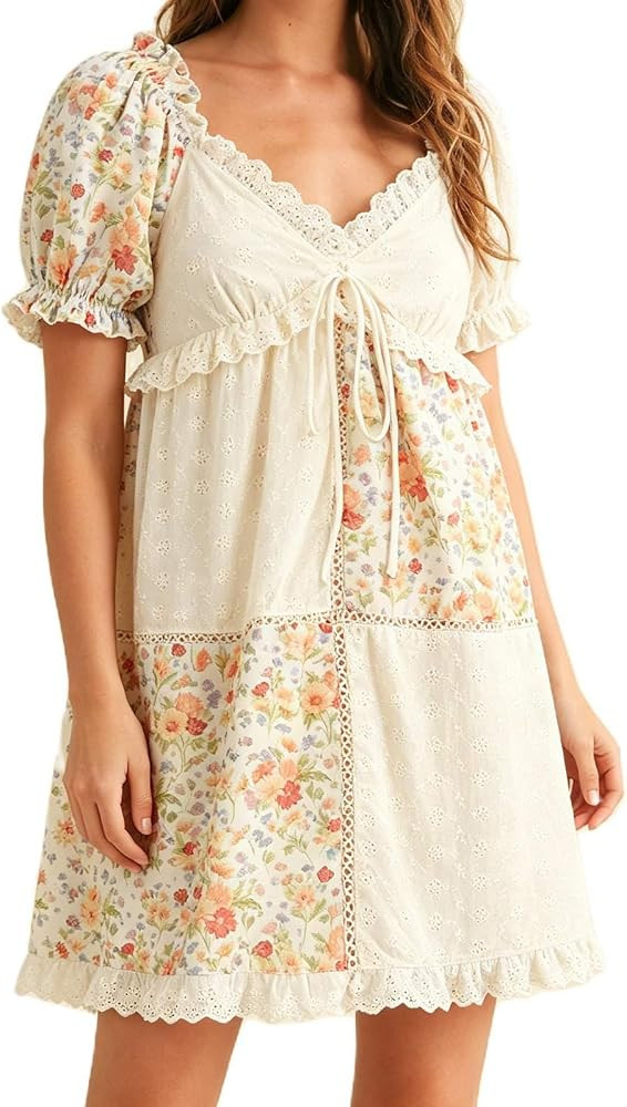 Women's Boho Floral Babydoll Mini Dress Summer Casual Short Puff Sleeve Lace Eyelet Patchwork Flo... | Amazon (US)