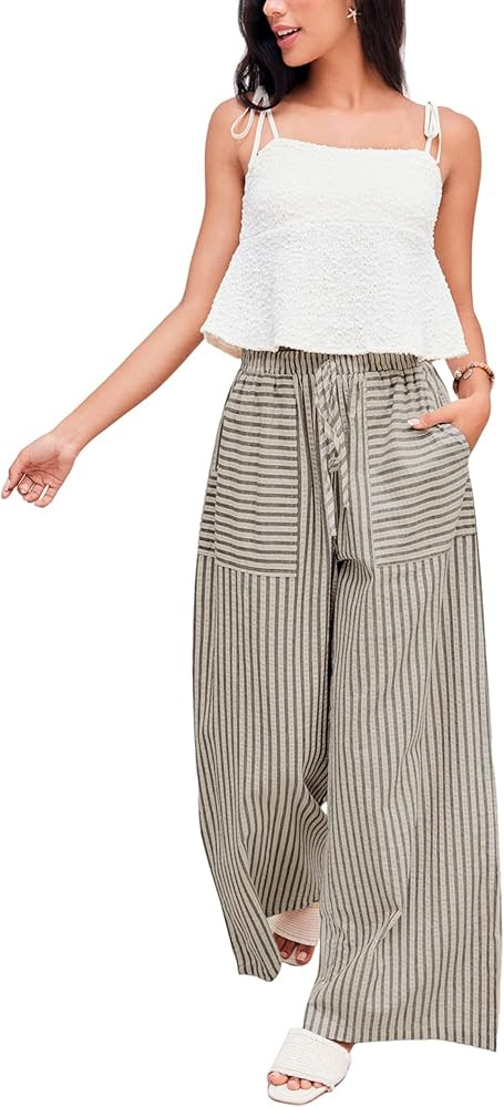 Yeokou Women's Wide Leg Pants Drawstring Striped Cotton Mid Rise Casual Long Palazzo Trousers wit... | Amazon (US)