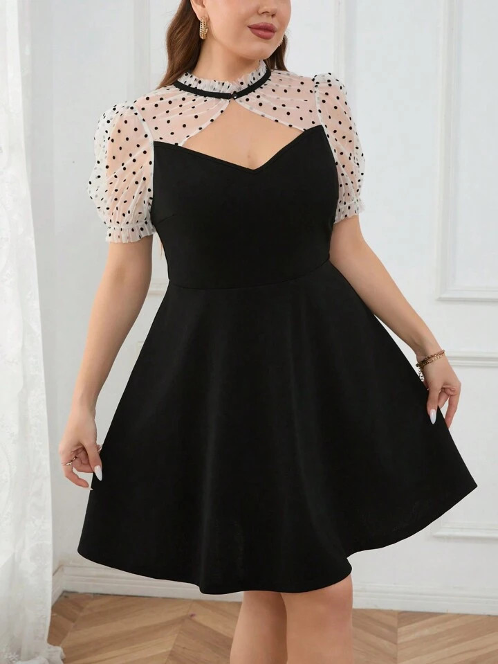 SHEIN Privé Plus Size Women's Color Block Polka Dot Mesh Spliced Bubble Sleeve Hollow Out Dress,... | SHEIN