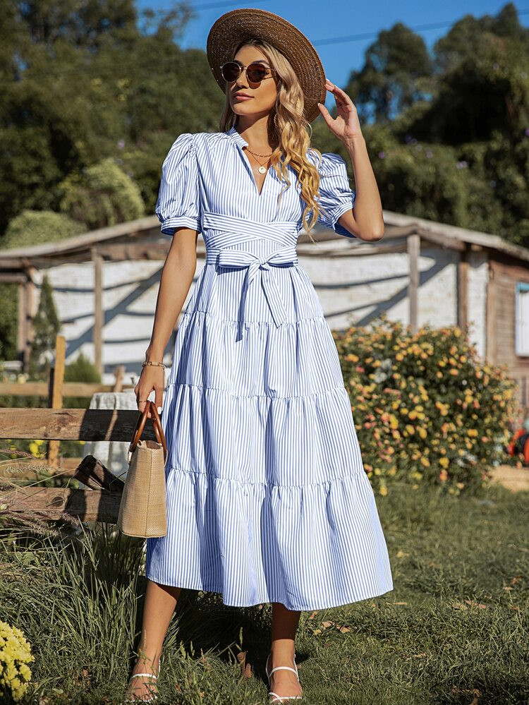 SHEIN VCAY Vertical Striped Puff Sleeve Criss Cross Tie Front Smock Dress | SHEIN