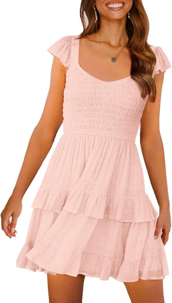 LEANI Womens Summer Babydoll Dresses Boho Smocked Ruffle Beach Swing Mini Sundress | Amazon (US)