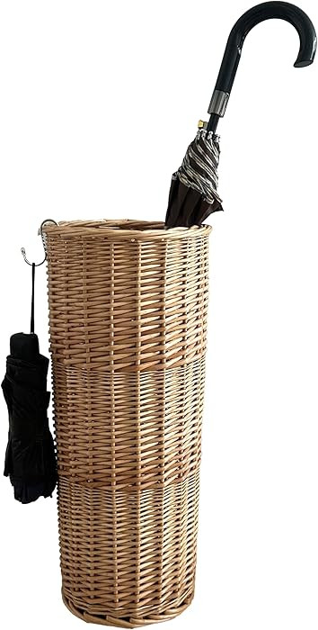 Natural Rattan Umbrella Stand for Entryway, 21.2H x 9.4L x 9.4W, Detachable Drip Tray & 2 Metal H... | Amazon (US)