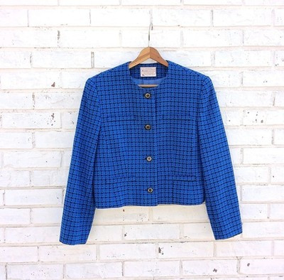 Vintage Pendleton Petites Blazer Crop Plaid Tweed Blue Size 10 | eBay US