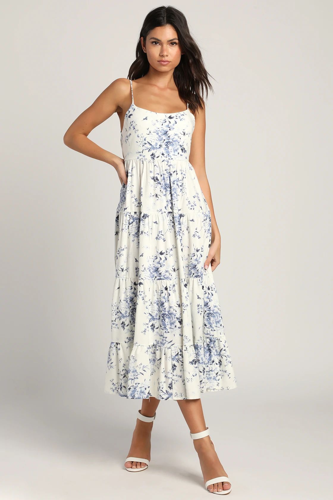 Mykonos Mood Ivory Floral Print Tie-Strap Tiered Midi Dress | Lulus (US)