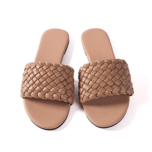 Women Flat Sandals Woven Leather Flip Flops Slides Comfort Handmade Weave Flops Summer (Weave Nude 2, 7.5) | Amazon (US)