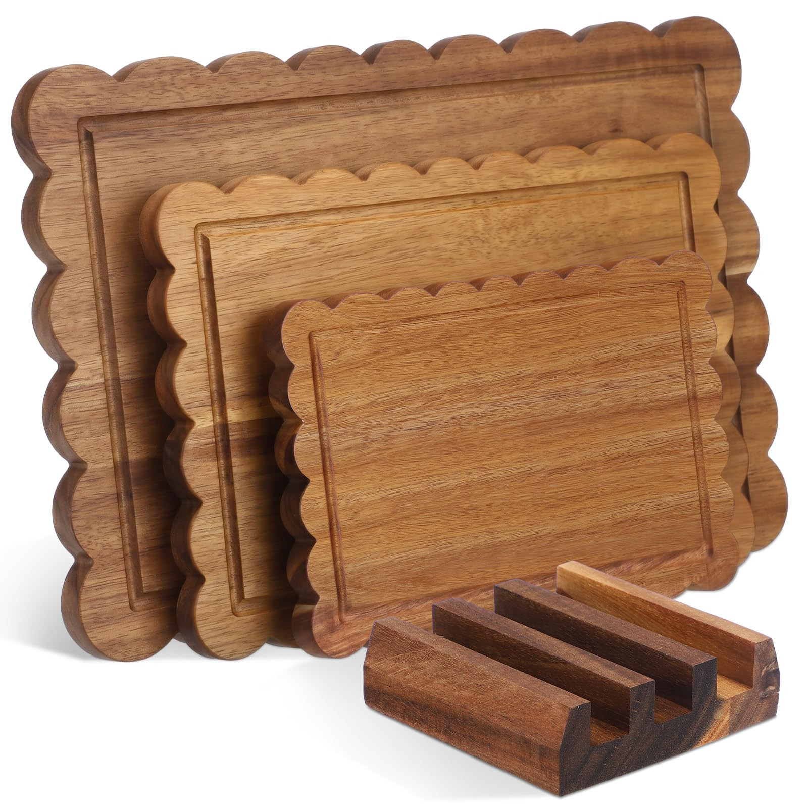 3 Pcs Acacia Wood Scalloped Cutting Boards Set with Holder, Charcuterie Board for Cheese Meat App... | Amazon (US)