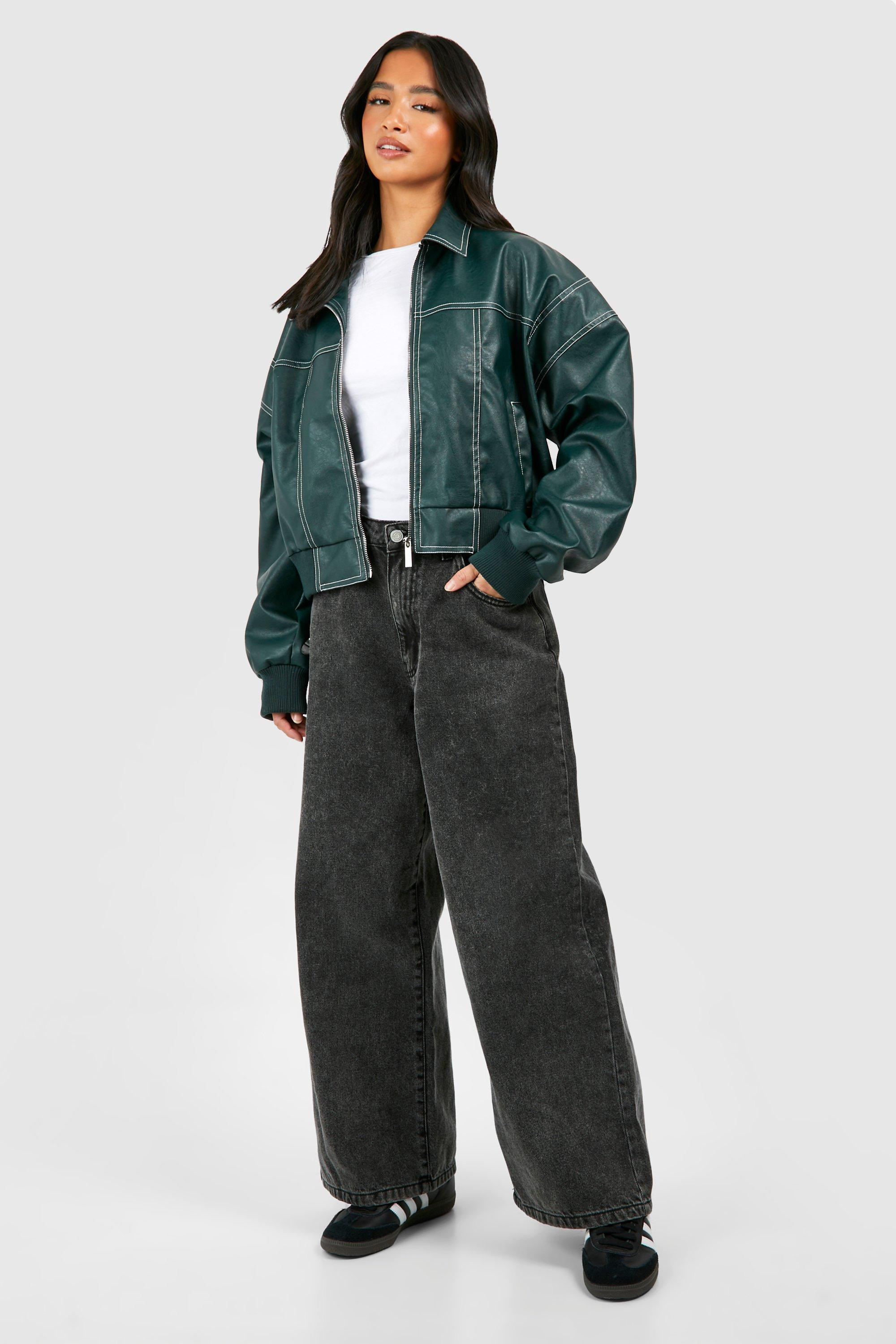 Petite Pu Contrast Stitch Cropped Bomber Jacket | Boohoo.com (UK & IE)