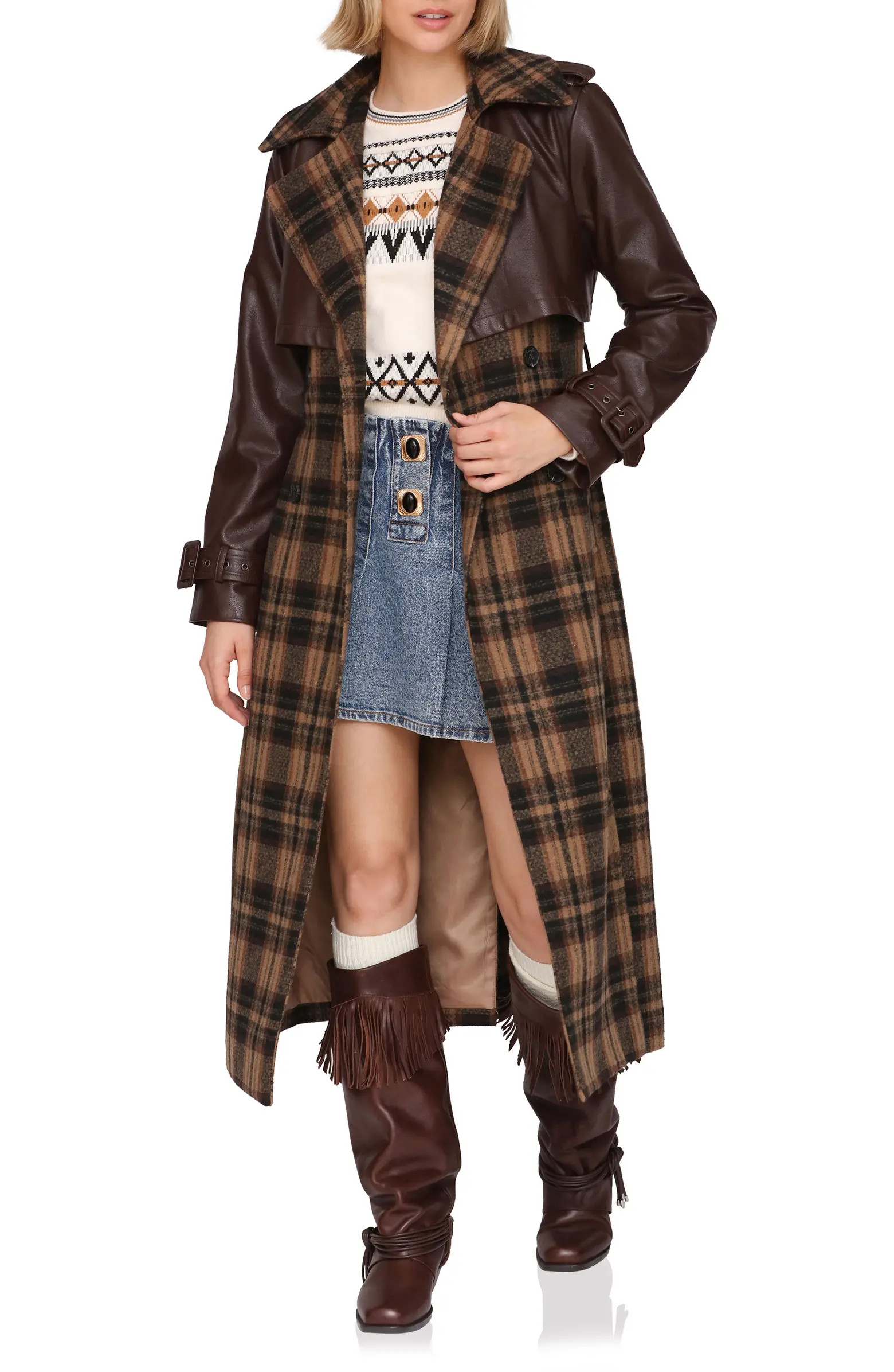 Plaid Faux Leather Trim Double Breasted Coat | Nordstrom