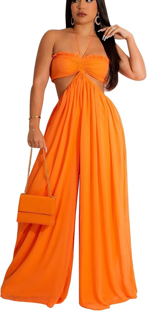 Bluewolfsea Womens Summer Sexy Halter Backless Chiffon Wide Leg Jumpsuit Boho Beach Flowy Pants R... | Amazon (US)