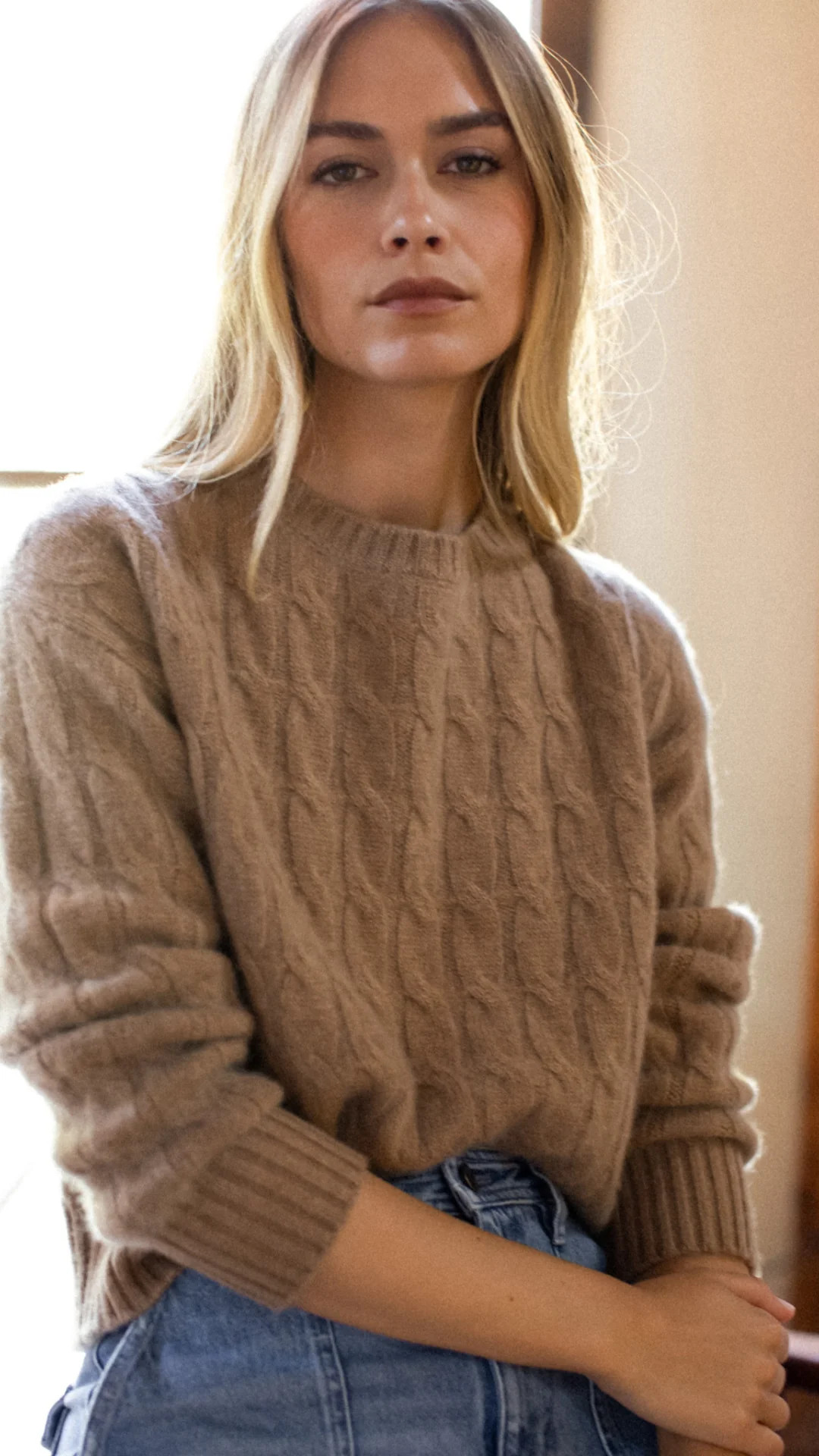 Slouchy Cable Knit Cashmere Sweater - Camel | Marea