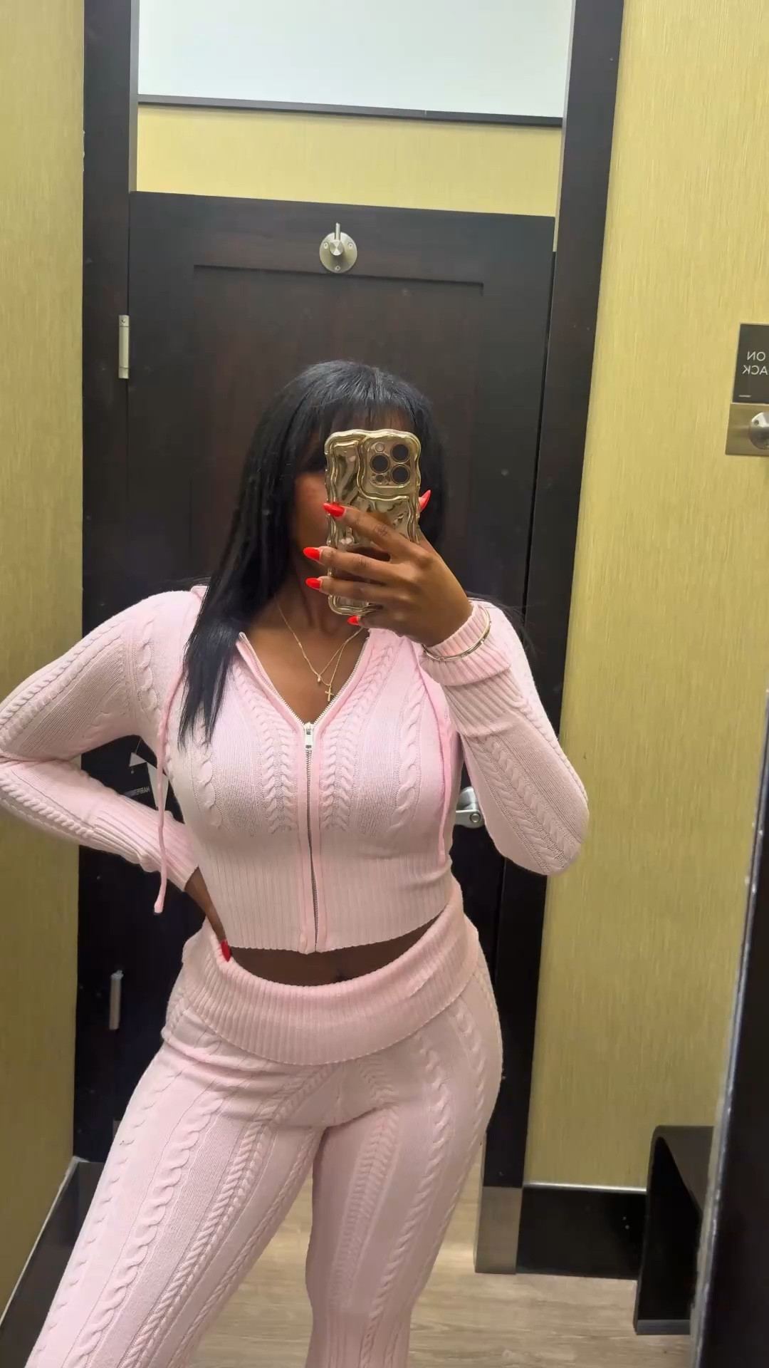 This knit set is comfortable, stretchy, and super flattering.

I love the fold-over waist detail and the hoodie top.

For reference:
5’5 | 163 lbs

Pink: small top | large bottom
Gray: small top | medium bottom