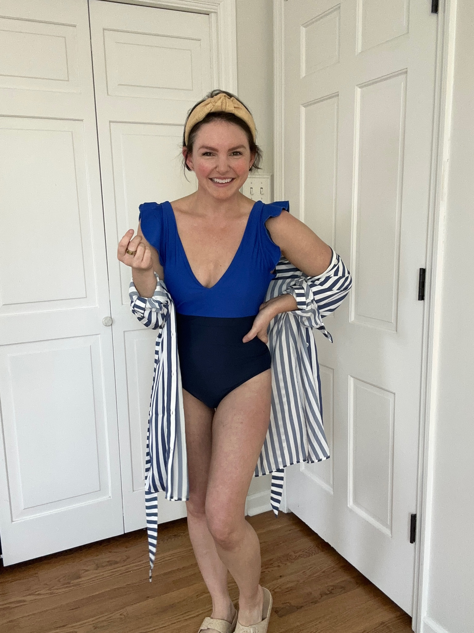 summersalt ruffle backflip swimsuit
effortless shirtdress coverup
freedom moses woven slides 
knotted headband 

#LTKSeasonal #LTKsalealert #LTKswim