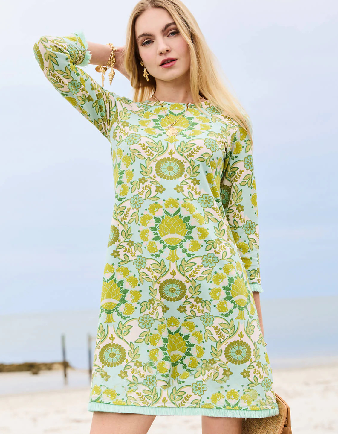 Island Fringe Dress Seawall Damask Seafoam | Spartina 449