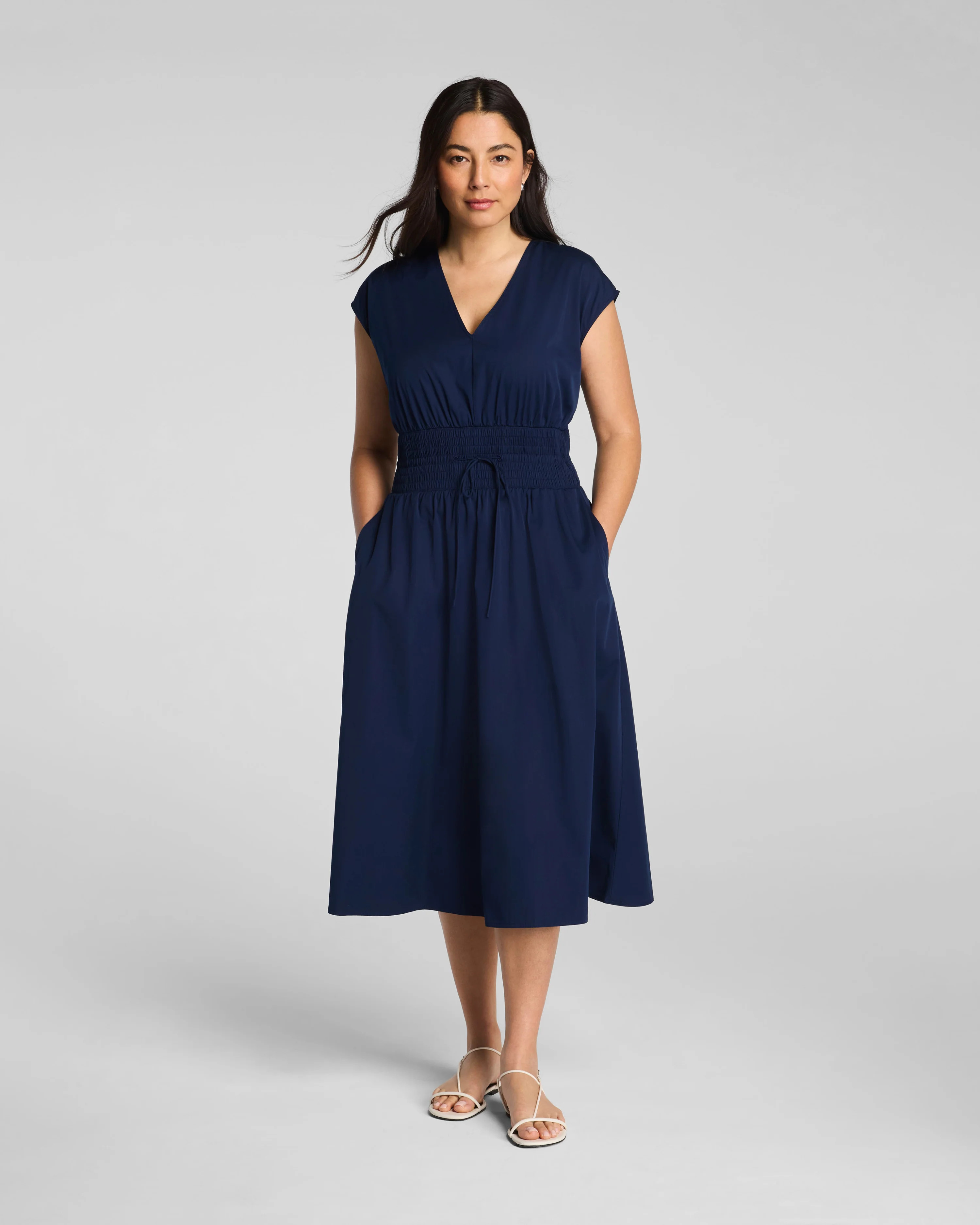 Poplin V-Neck Smocked Midi Dress | Spanx