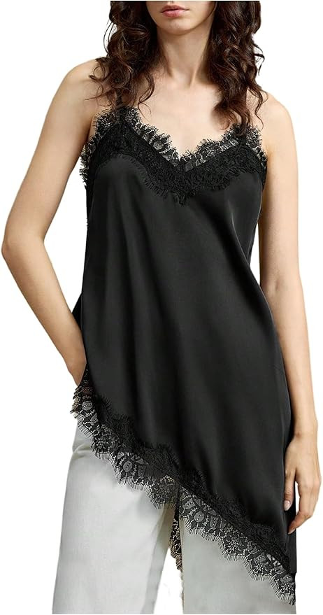 SOLY HUX Asymmetrical Satin Camisole Tops for Women Lace Sleeveless Silk Blouses Dressy Cami Tops... | Amazon (US)