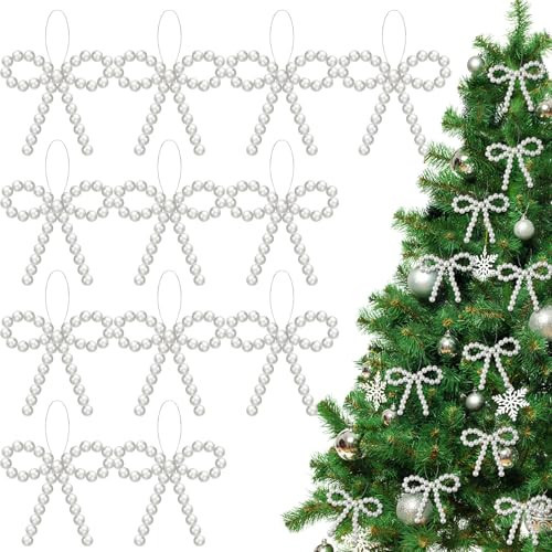VioraWhite 12 Pcs Pearl Bow Christmas Tree Ornaments - Christmas Tree Bead Bow Hanging Ornaments for Xmas Party Crafts, Wreaths, Gift Wrapping, Home Decoration(White) | Amazon (US)