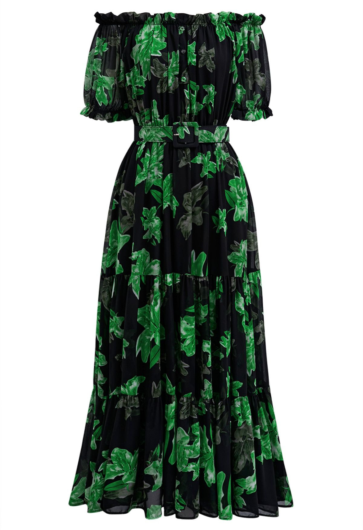 Lily Printed Off-Shoulder Chiffon Midi Dress in Green | Chicwish