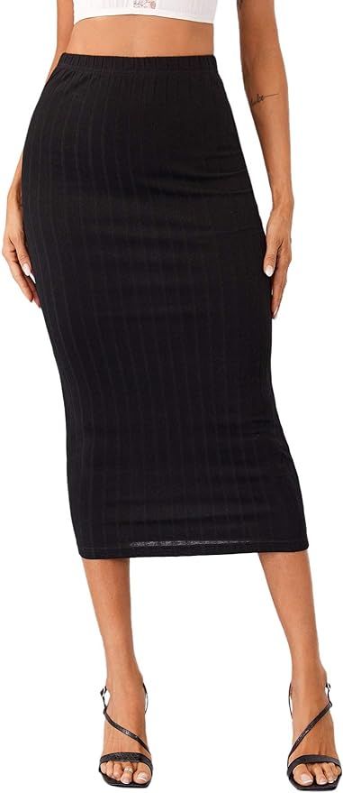 MakeMeChic Women's Solid Basic Below Knee Stretchy Pencil Skirt | Amazon (US)