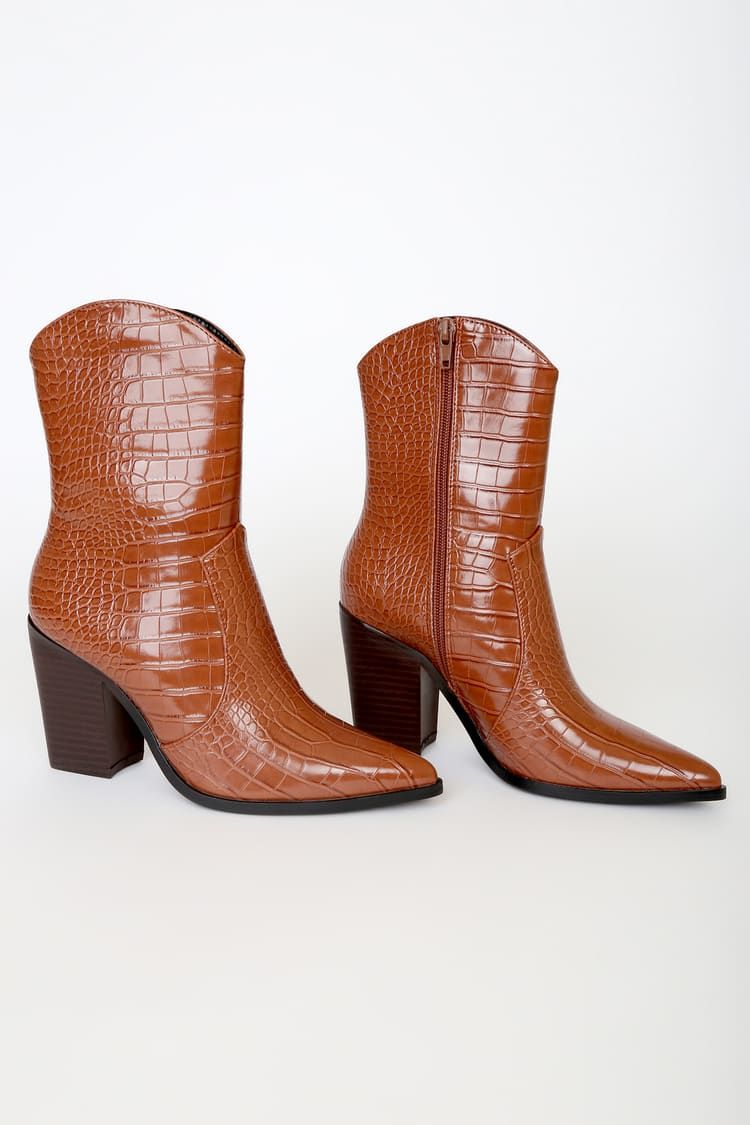 Eleora Brown Crocodile-Embossed Mid-Calf High Heel Boots | Lulus (US)