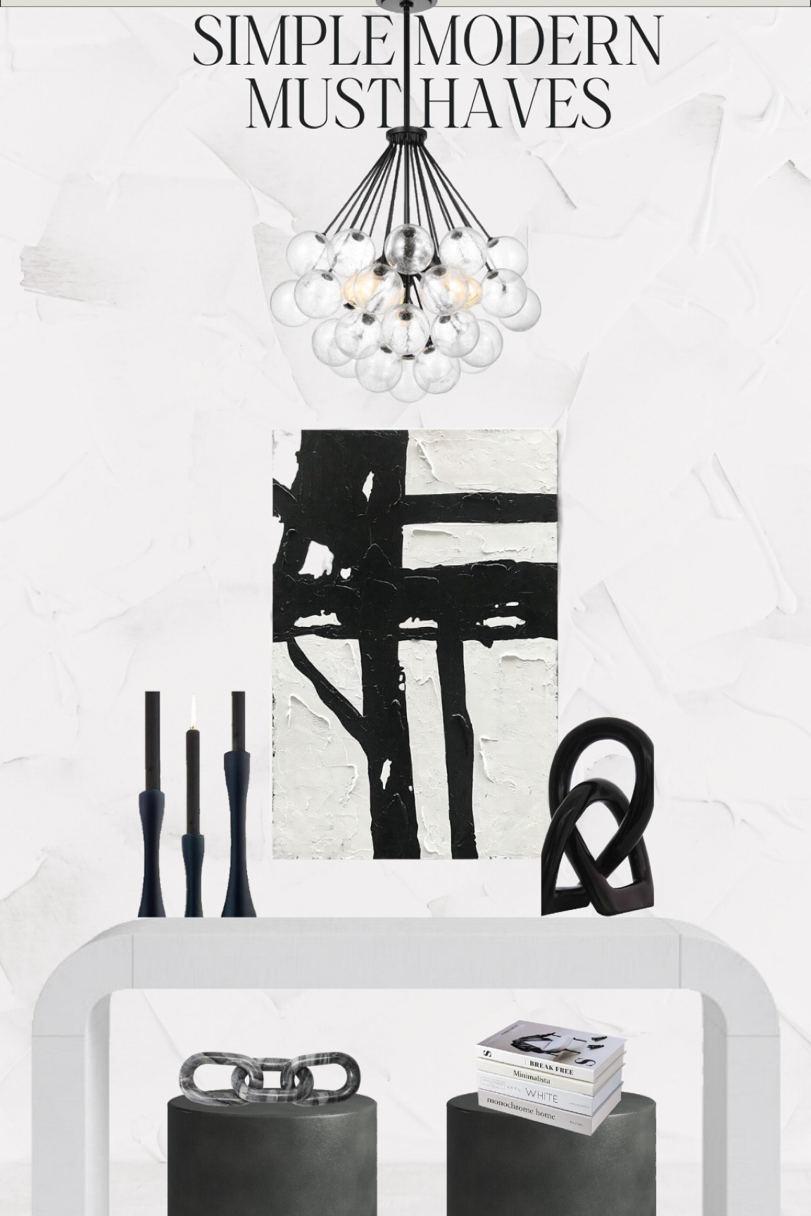 Modern must haves for a high contrast, entryway or consult table. White table with black-and-white art, black candles, and a bubble chandelier.

#LTKHome