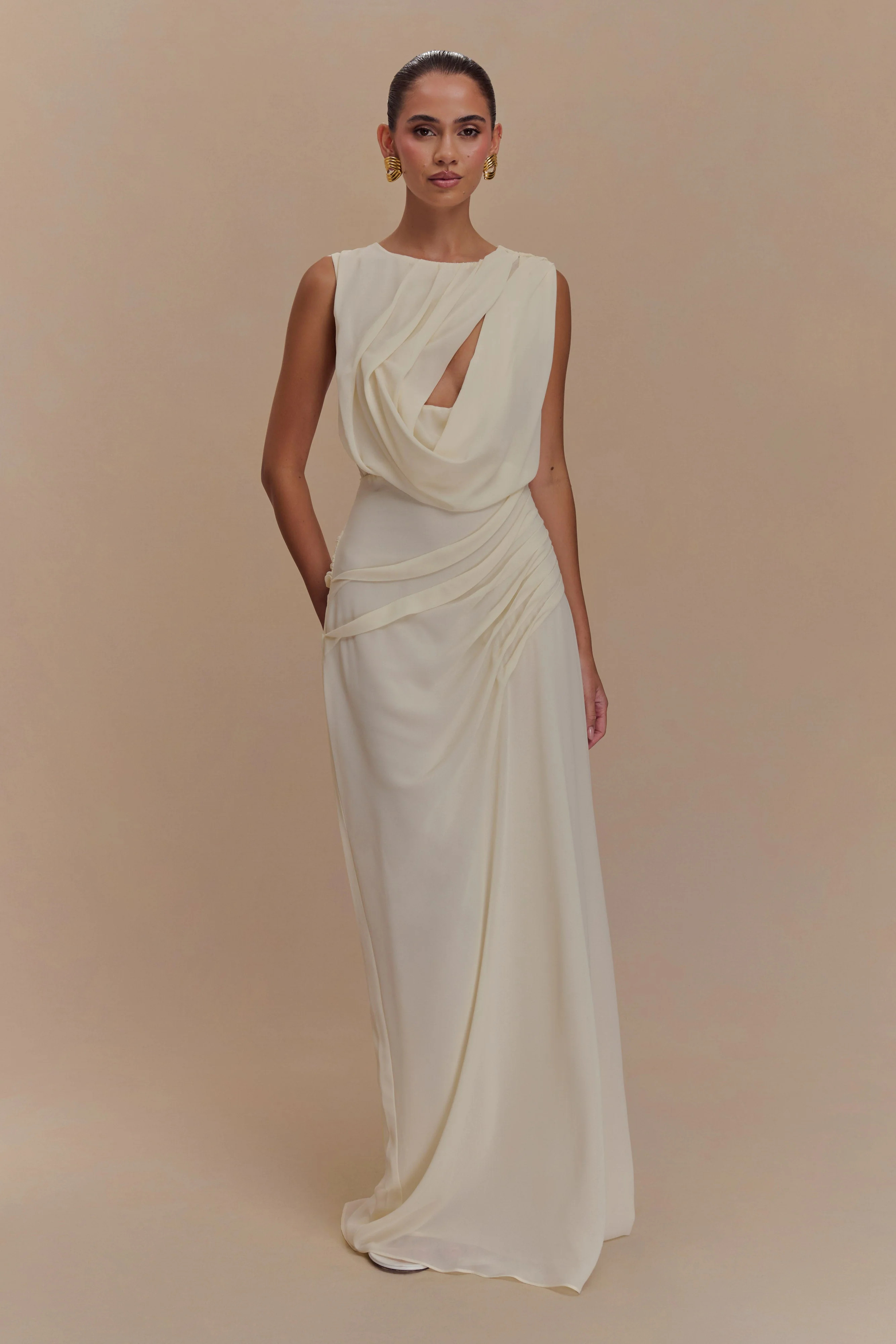 Oria Chiffon Maxi Dress - Ivory | MESHKI US