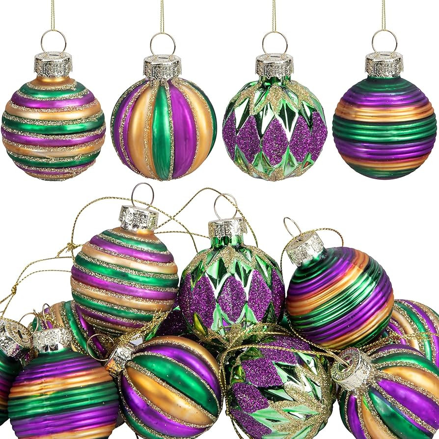 Watayo 12 PCS Mardi Gras Glass Ball Ornaments-1.5 Inch Mardi Gras Glitter Hanging Ball- New Orlea... | Amazon (US)