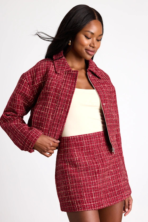 Shaelyn Berry Red Tweed Mid-Rise Mini Skirt | Lulus