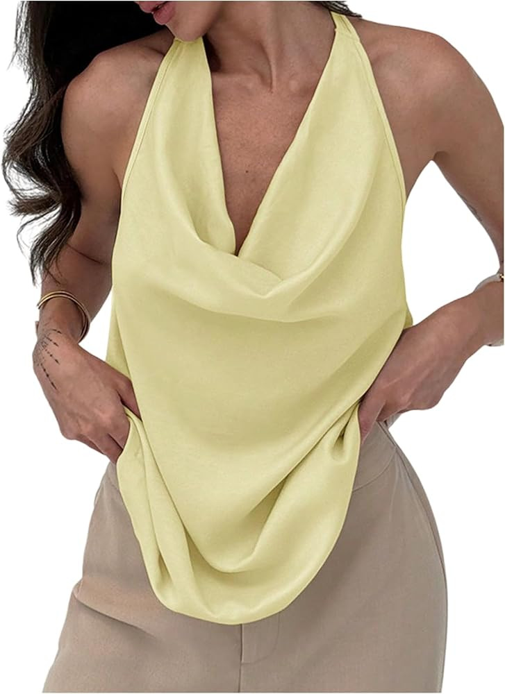 SHENHE Women's Cowl Neck Halter Top Sexy Sleeveless Draped Front Open Back Going Out Tops | Amazon (US)