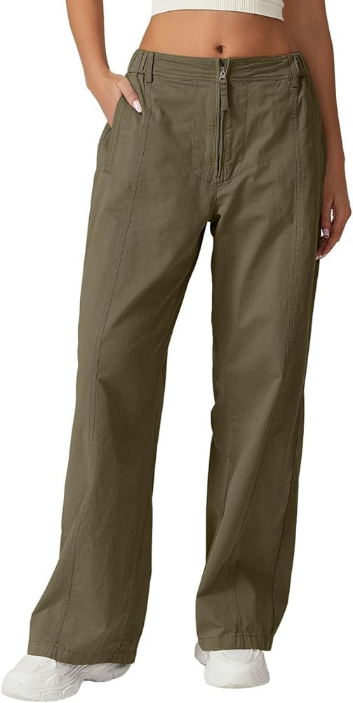 QINSEN Womens Zip Front Wide Leg Long Pants High Waist Causal Cargo Pants Cotton Pocket Palazzo P... | Amazon (US)