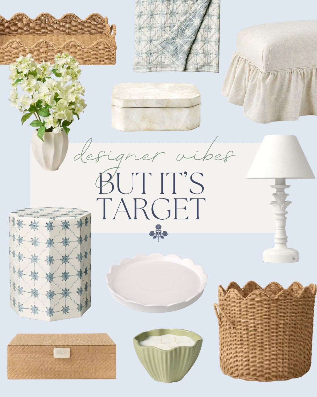 New spring arrivals at Target! Pottery Barn vibes for way less 😍

Blue and white decor, scallop decor, rattan baskets, coastal decor, Grandmillennial style, ruffle skirted stool 

#LTKHome