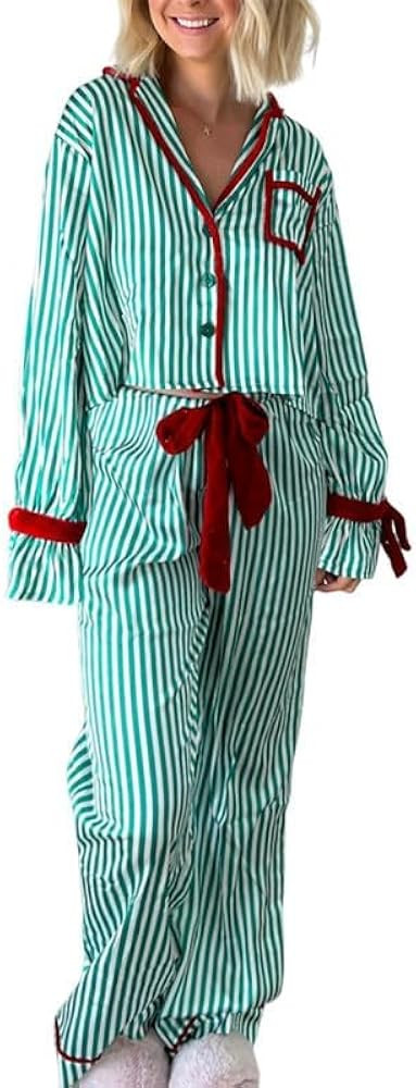 Women Silk Christmas Pajamas 2 Piece Satin Ribbon Tie Front Pjs Xmas Long Sleeve Shirt Pants Loun... | Amazon (US)