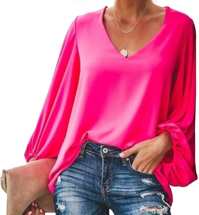 Women Chiffon Blouse Lantern Long Sleeve Tops V Neck Plus Size Tops Black Blouse for Women | Amazon (US)