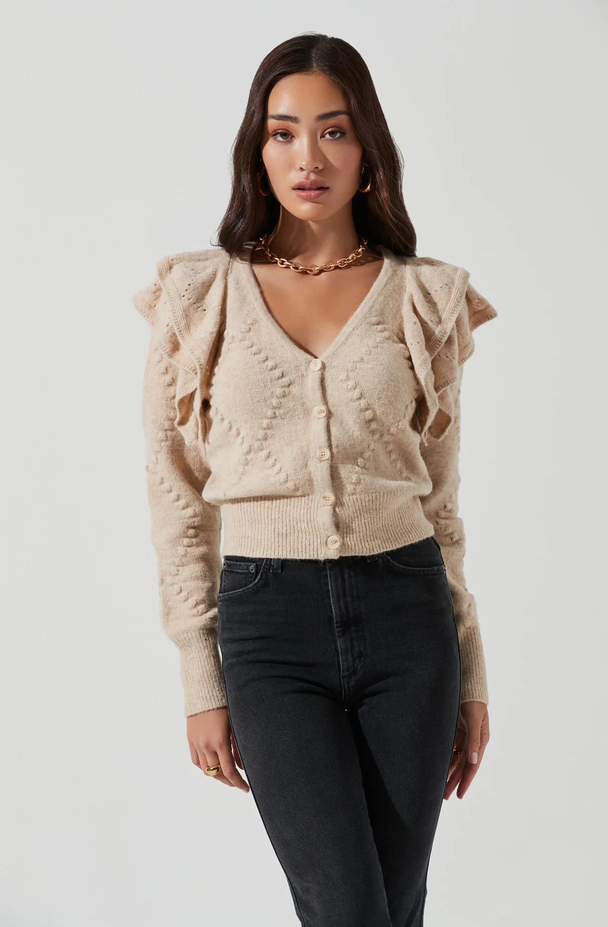 Shoulder Ruffle Long Sleeve Cardigan | ASTR The Label (US)