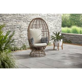 StyleWell Brown Wicker Outdoor Swivel Patio Egg Lounge Chair with Beige Cushions and Black/Cream ... | The Home Depot