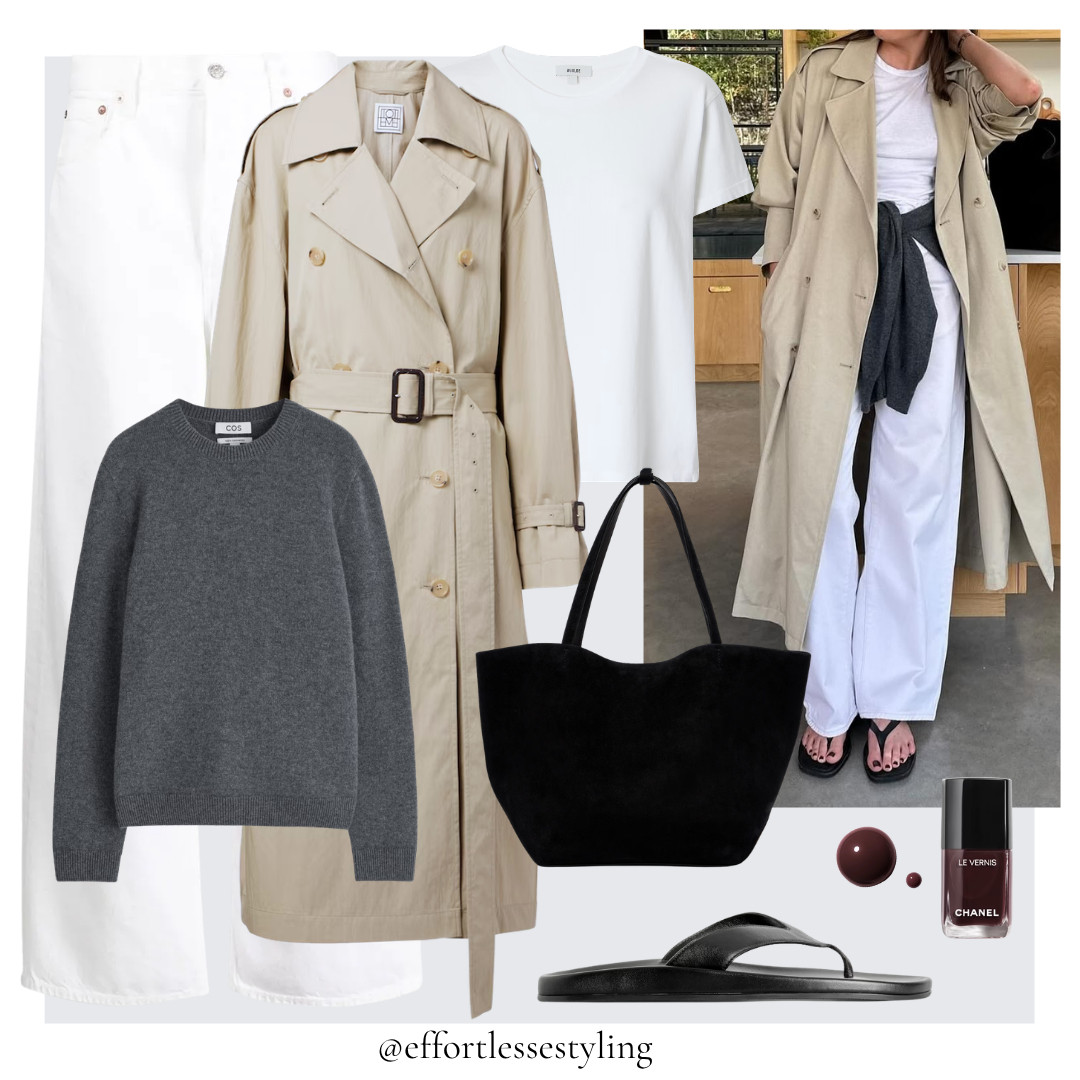 Casual Autumn outfit. 

Classic beige trench, white t-shirt, dark grey cashmere jumper, black leather flip flops, burgundy nail polish, black suede tote bag, white wide leg jeans. 

 #LTKuk #LTKautumn #LTKjeans