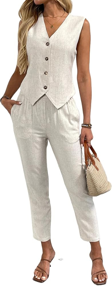 Women's 2 Piece Outfits Linen Vest Waistcoat Dressy Business Casual Sets Summer Tapered Pants Sui... | Amazon (US)