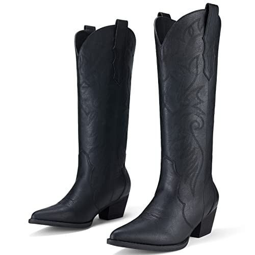 Rollda Cowboy Boots for Women Cowgirl Boots Embroidered Knee-High Western Boots Pointy Toe with Chunky Heel Black Size 8.5 | Amazon (US)