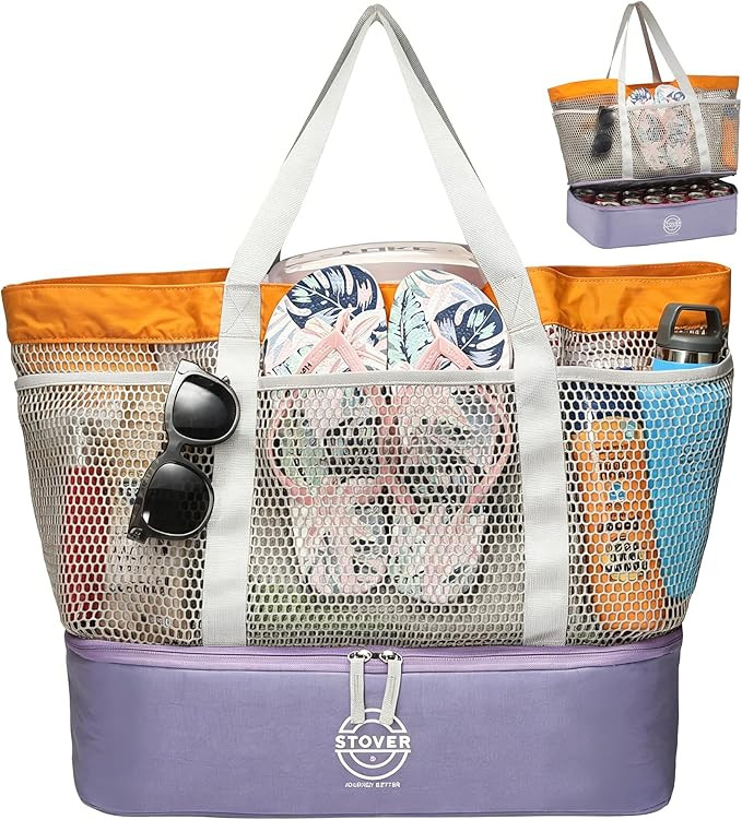 STOVER Extra Large Mesh Beach Bag, Vacation, Pool, Shopping & Travel Tote - Foldable w/Storage Po... | Amazon (US)