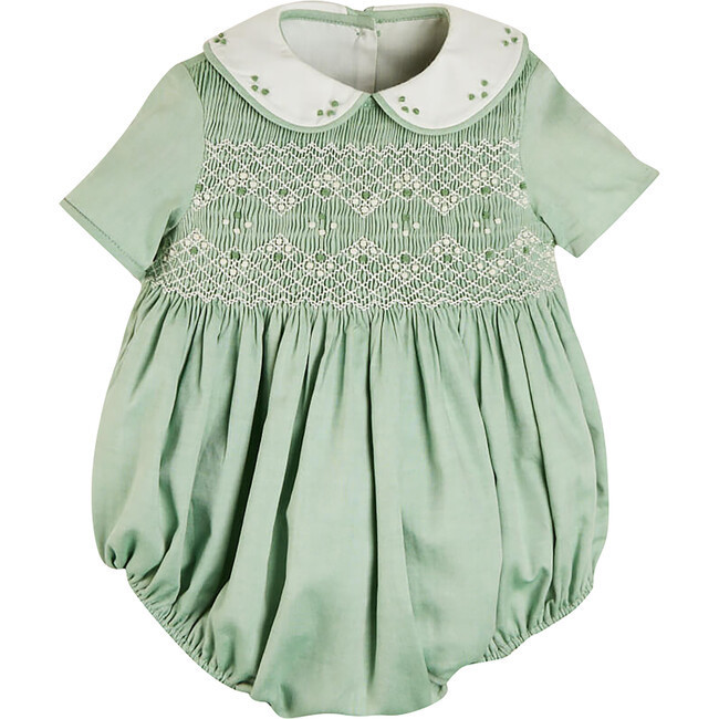Peter Pan Collar Handsmocked Short Sleeve Romper, Green | Maisonette