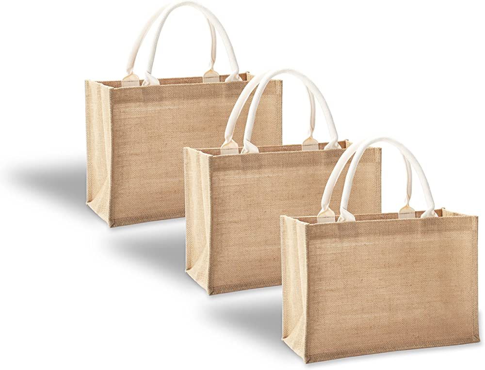 YACEYACE Jute Bags with handles, 14.5" x 6.7" x 10.2" Pack of 3 Medium Burlap Tote Bags Resuabale... | Amazon (US)