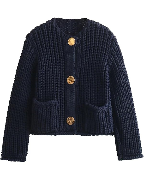 Chevara Women’s Cropped Knit Cardigan Long Sleeve Crewneck Button Down Fall Sweater with Pocket... | Amazon (US)