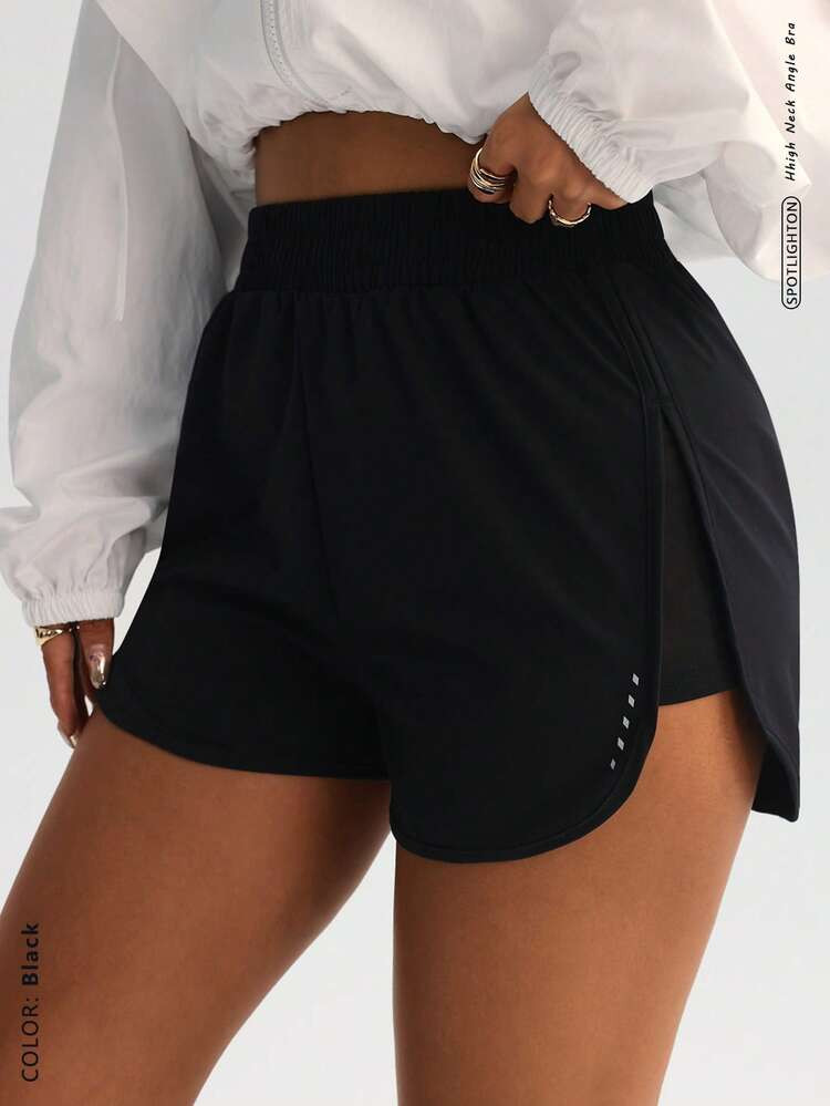 FWH High-Waisted Slimming Workout Shorts With Side Slit, 4-Way Stretch For Flexible Movement, Ideal For Yoga And Urban Strolling, Curve-Enhancing Athletic Shorts, Essential Training Shorts Black Summer | SHEIN